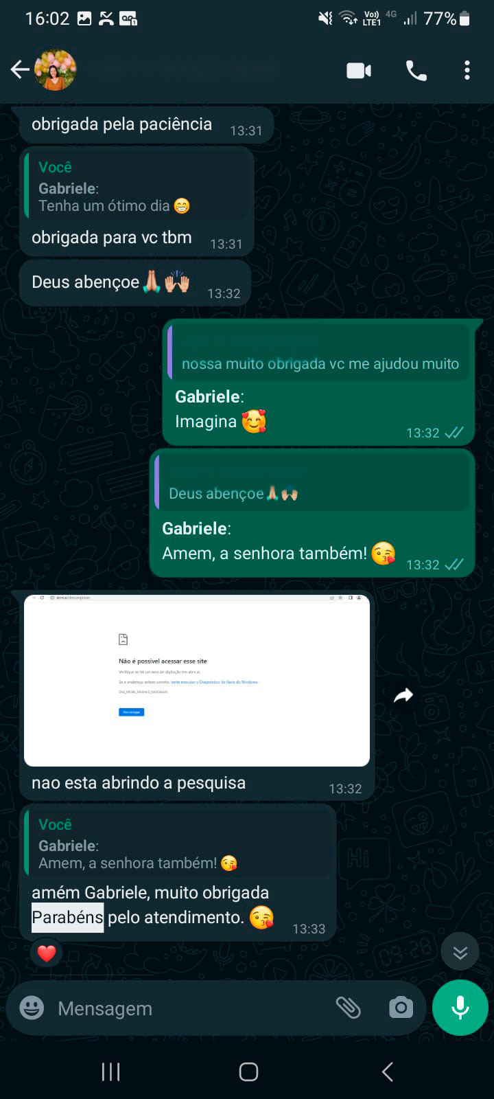 Cliente agradecendo pelo atendimento