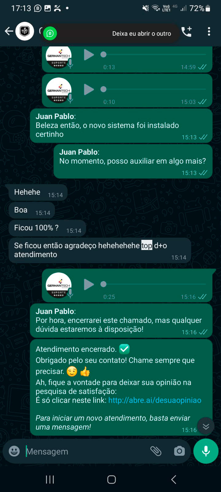 Cliente elogiando o atendimento top