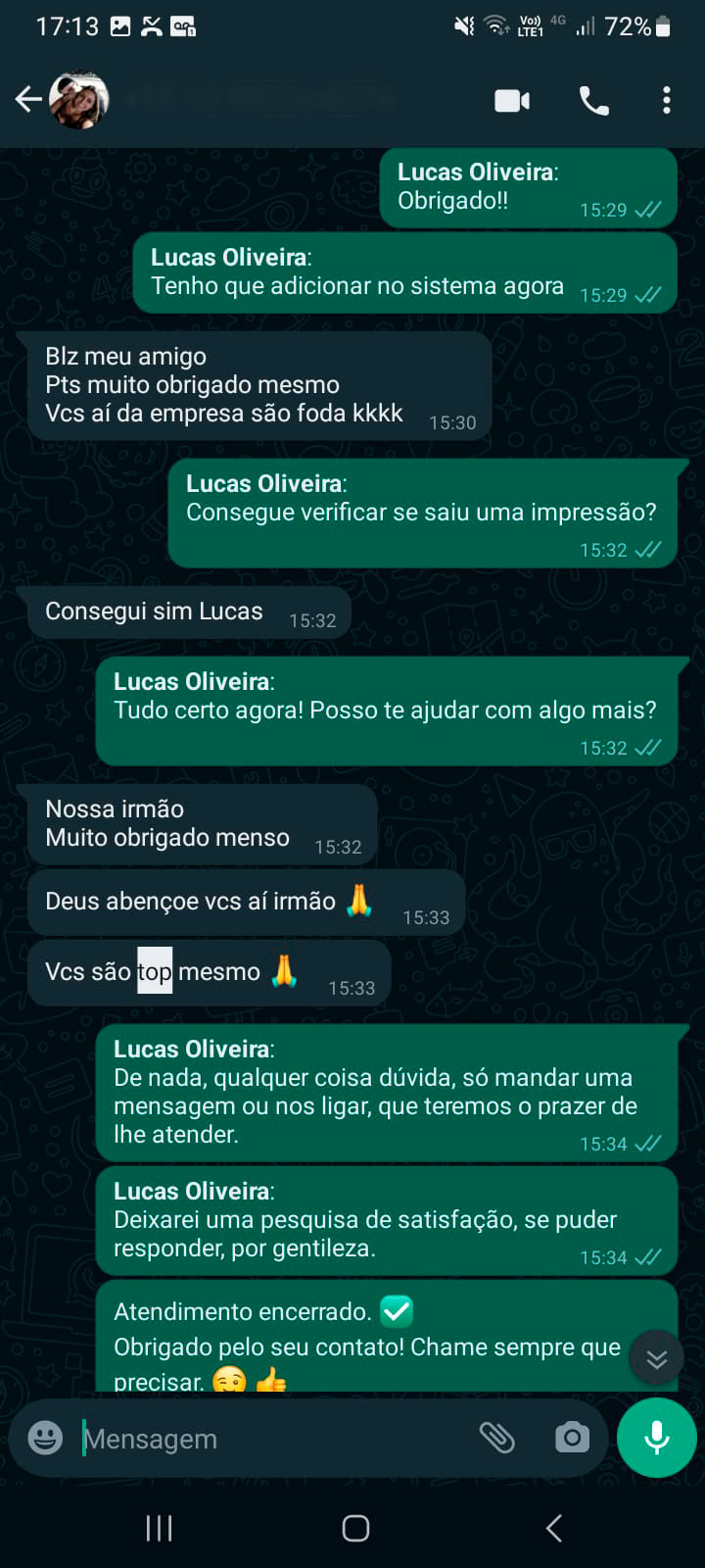 Cliente dizendo que a empresa é top